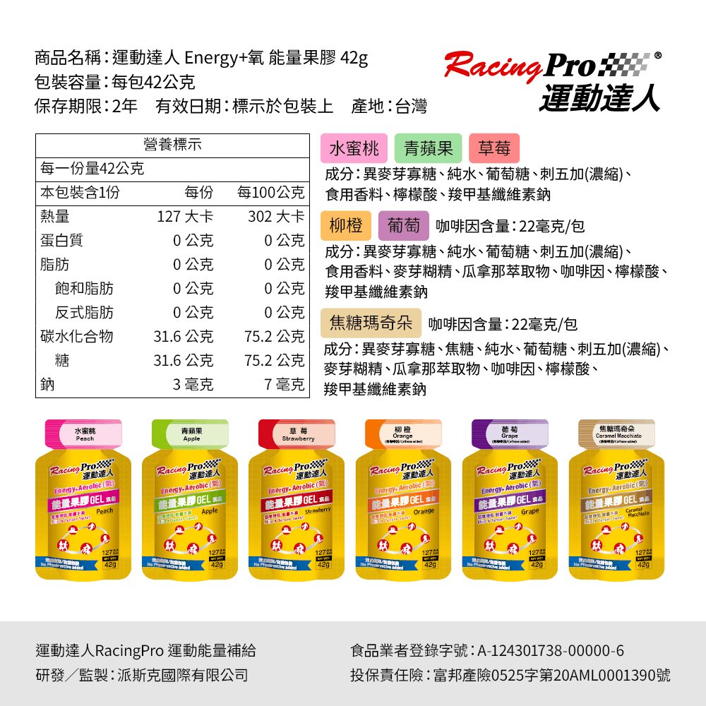 運動達人RacingPro Energy+氧 能量果膠 42g 柳橙口味(含咖啡因):圖片 4